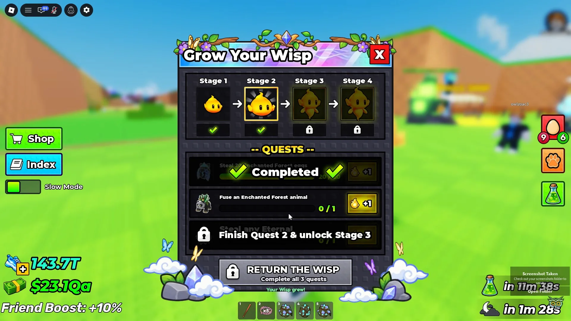 Grow Your Wisp quest panel: 20 Forest eggs completed, Forest animal fusion at 0/1, Eternal objective and Return the Wisp still locked